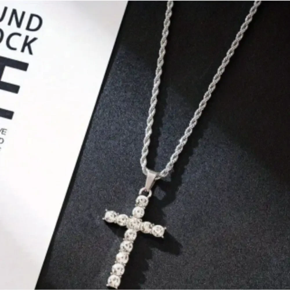 Unisex Simulated Diamond cross pendant necklace 23 inches